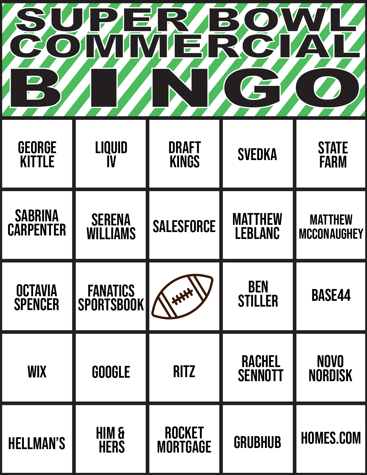 free 2026 super bowl commercial bingo cards - play party plan